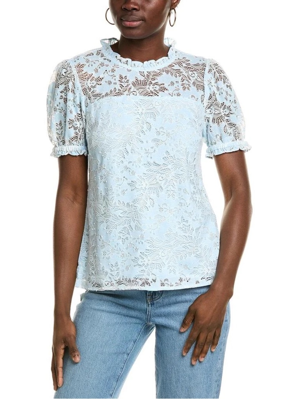 CECE “Floating Florals” Spa Blue Lace Short-Sleeve Ruffle Neck Top XL NWT
